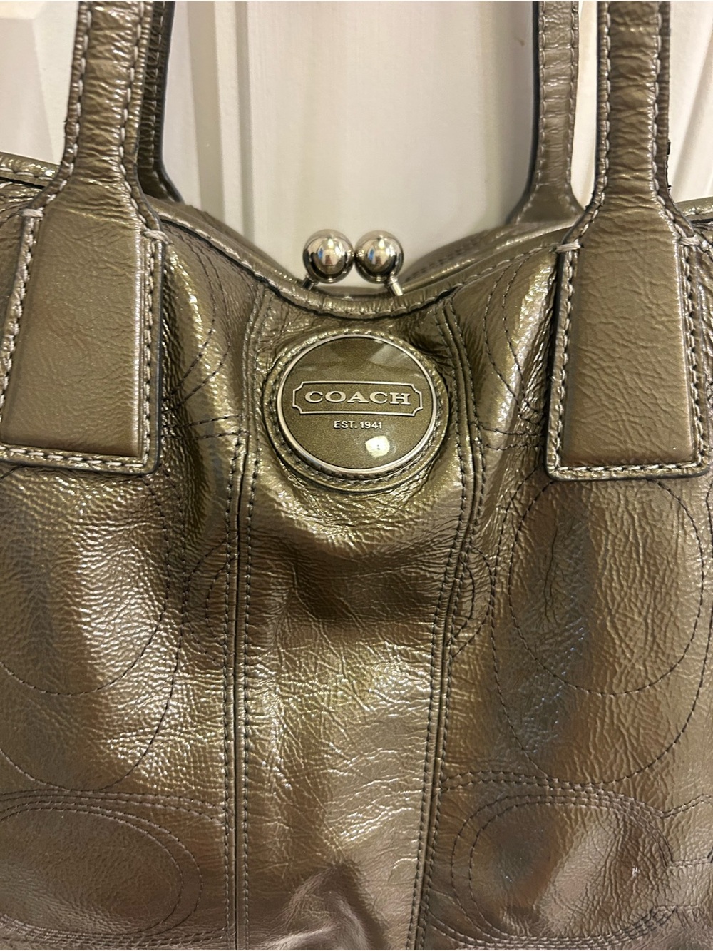Coach Signature C Stitch Patent Leather Kisslock Satchel Tote Metallic Olive - Picture 2 of 16